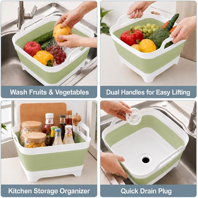 2.4 Gal(9L) Collapsible Dish Basin with Drain Plug, Space Saving Outdoor Multiuse Foldable Sink Tub, Dishpan, Kitchen Storage Tray for Camping, Vegetable Washing, RV (Green) - Image 6