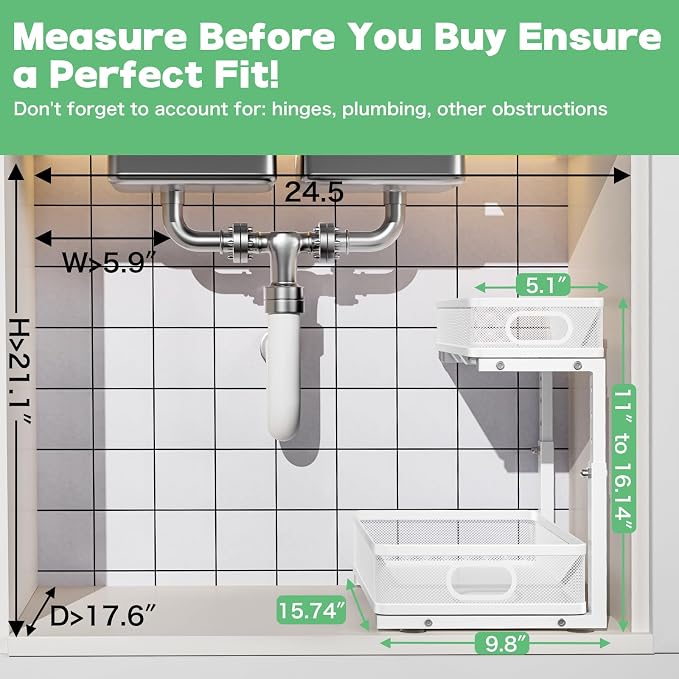 Under Sink Organizer, High Adjustable 2 Tier Under Sink Organizers and Storage, Slide out Metal Cabinet Organizers, Pull out Storage Drawer Shelf for Kitchen Bathroom Cabinet (White-1 pack) - Image 6