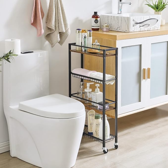 YMYNY Kitchen Storage Rolling Cart 4 Tier on Wheels Rustic Brown HBR002H | for Narrow Spaces, Laundry Room, Dining Room, Bathroom, 32.7" H Shelving Unit with Mesh Baskets - Image 8