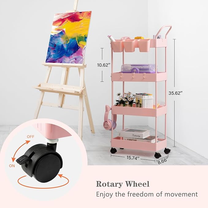 Danpinera 4-Tier Pink Slim Storage Cart, Narrow Laundry Cart with Wheels, Dividers, Hanging Cups, Hooks, Easy Assembly - Image 8