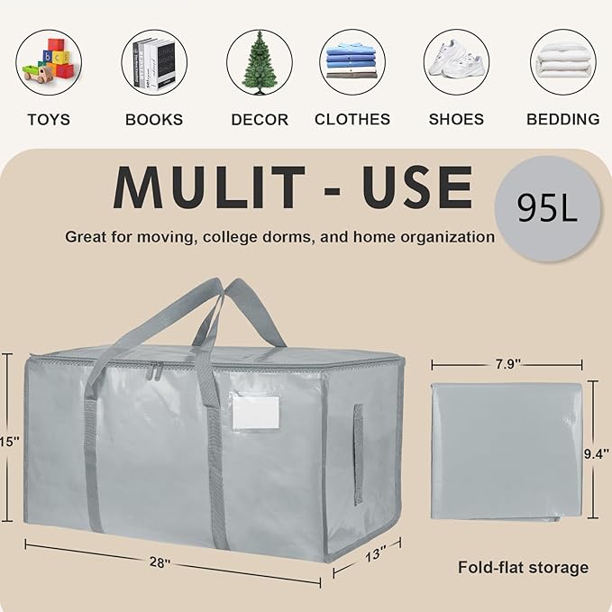 16 Pack-Extra Large Heavy Duty Moving Bags - Waterproof Storage Totes with Handles & Zippers, Foldable for College Dorm, Storage (light gray) - Image 2