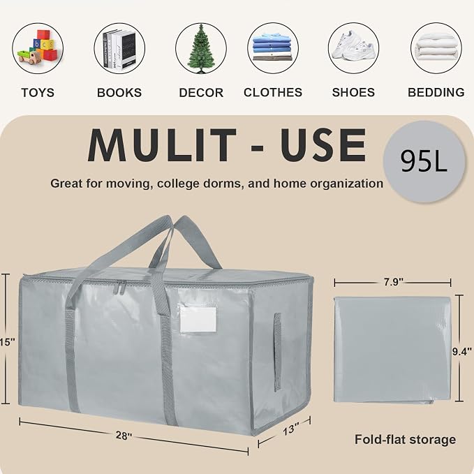 4 Pack-Extra Large Heavy Duty Moving Bags - Waterproof Storage Totes with Handles & Zippers, Foldable for College Dorm, Storage (light gray) - Image 2