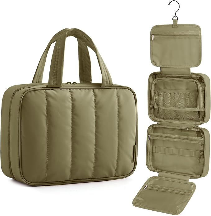 BAGSMART Travel Toiletry Bag for women, Portable Hanging Hook Makeup Bag Organizer, Waterproof Makeup Cosmetic Bag, for Full-Size Accessories, Toiletries,Olive green by BAGSMART