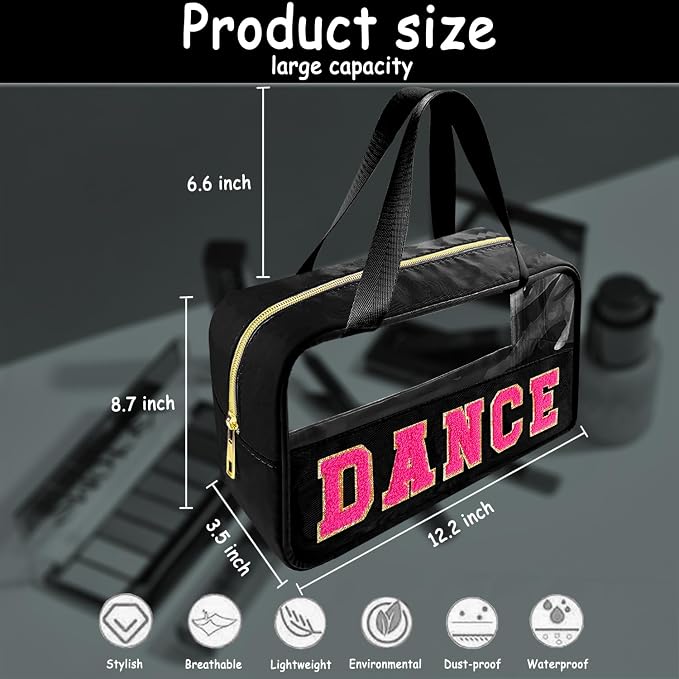 Bunliuys Chenille Letter Clear Makeup Bag Dance Patch, Travel Toiletry Makeup Bag with Handle, Nylon Waterproof Makeup Bags clear cosmetic bag, preppy patch makeup bag for Women (DANCE-Black) - Image 2