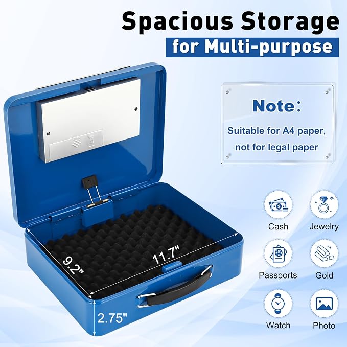 KYODOLED Blue Safe Box with Digital Keypad Lock, Lock Box with Code for Personal Items, Metal Security Box for Cash, Passport, Jewelry, Ideal for Home, Office, Garage Sale, 11.8'' x 9.4'' x 3.5'' - Image 3