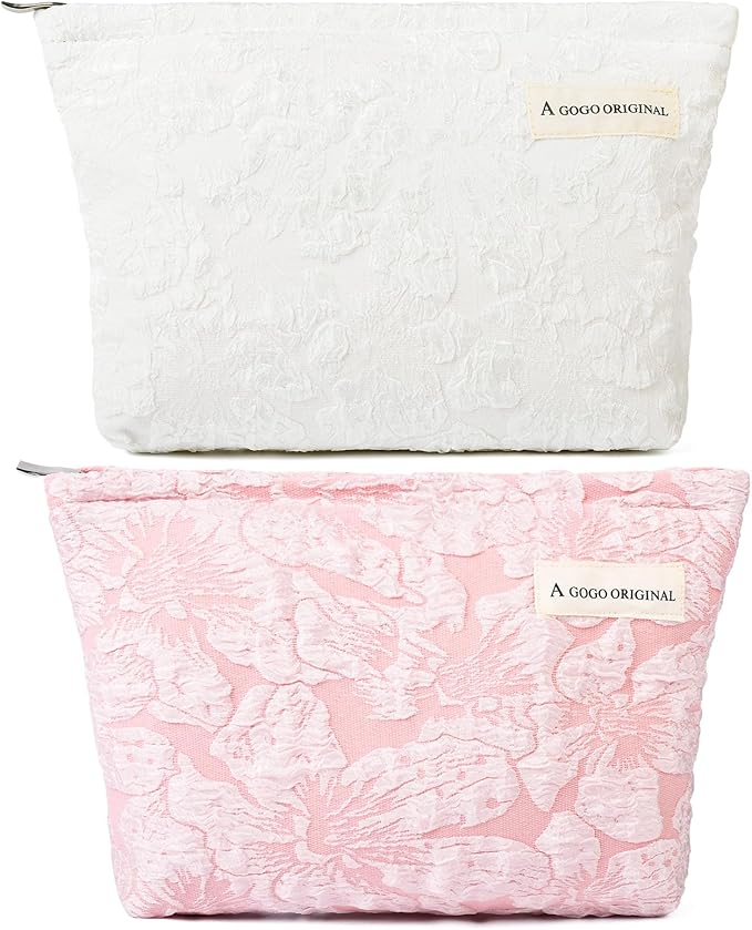 SOIDRAM 2 Pieces Flower Makeup Bag Large Floral Cosmetic Bag Capacity Canvas Travel Toiletry Bag Organizer Cute Makeup Brushes Aesthetic Accessories Storage Bag for Women, Flower L White Pink by SOIDRAM