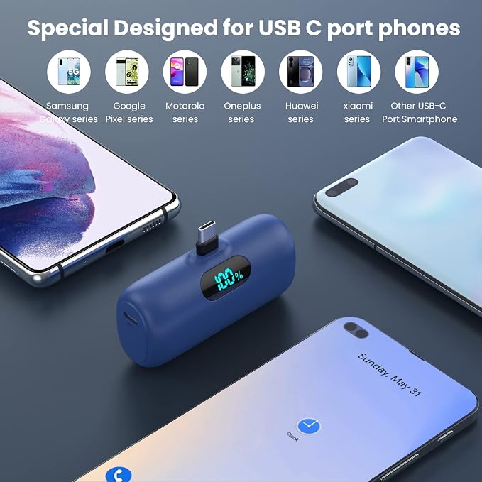 Feob Mini Portable Charger 5000mAh Power Bank,15W PD USB C Cell Phone Portable Power,LCD Display Battery Pack Compatible with iPhone 17/Air/17 Pro/17Pro Max/16/15 Android/Samsung/Moto(Type-C Only) - Image 3