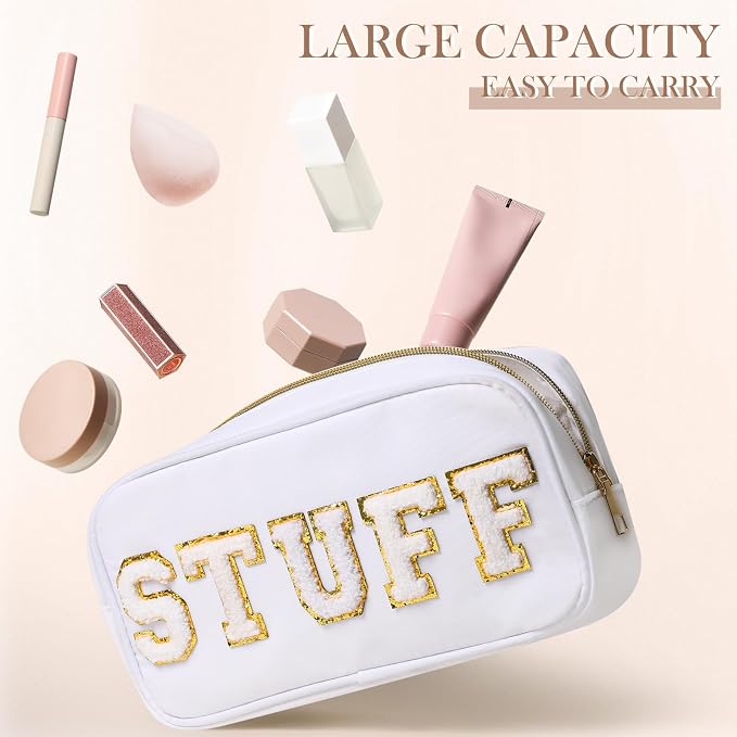 Preppy Makeup Bags Chenille Letter Stuff Bag Nylon Cosmetic Pouch Cases with Zipper for Women Travel Toiletry(White Set,Novel,4 Pcs) - Image 4