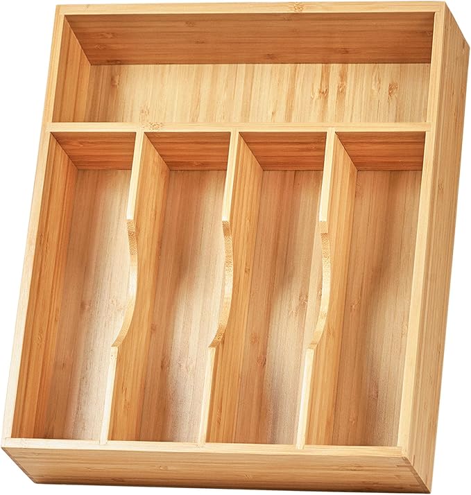 Bamboo Kitchen Drawer Organizer, 11 Inch Silverware Utensils Tray Holder with Grooved Dividers, 2.4" High Wood Caddy for Flatware Cutlery Knives by Umilife