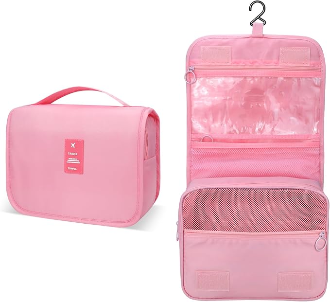 Lcsmaokin Large Capacity Toiletry Bag Travel Bag with Hanging Hook for Men and Women Waterproof Travel Cosmetic Bag Bathroom Storage Bag for Brushes Set, Full-Sized Shampoo,Accessories(Pink) - Image 2