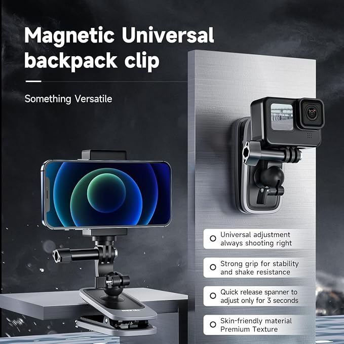TELESIN 360° Magnetic Backpack Clip Mount for Action Cameras and Phones | Dual-use magnetic and backpack clip with 360° ball head; fits GoPro, DJI Osmo, Insta360, AKASO cameras and smartphones. - Image 2