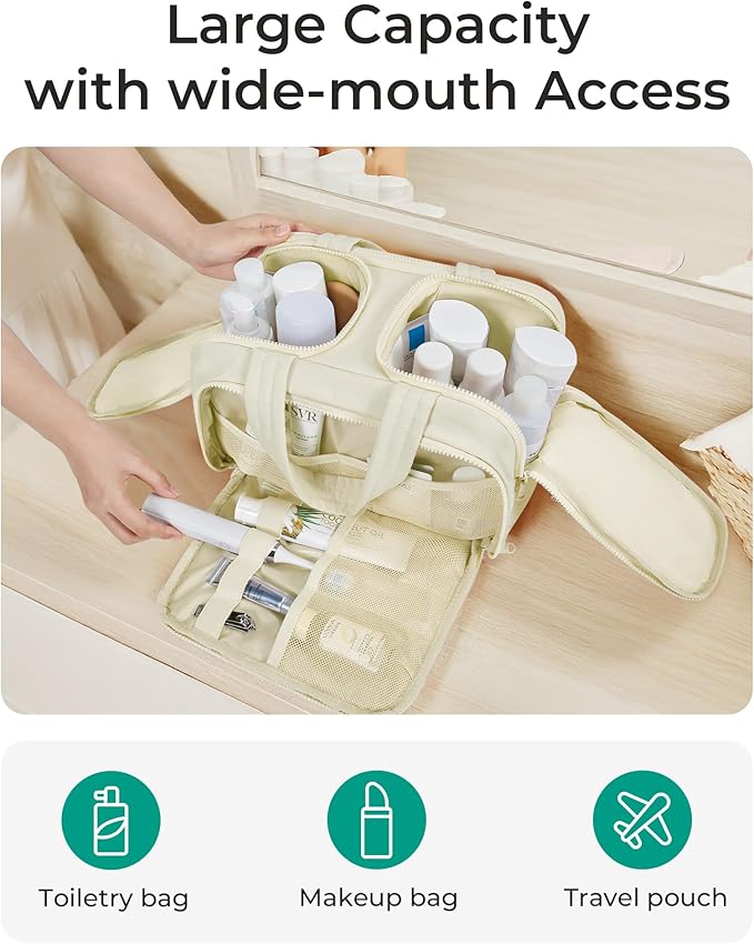 BAGSMART Travel Toiletry Bag, Crush Toiletry Bag for Women, Wide-open Puffy Toiletry Bags for Traveling, Large Travel Cosmetic Makeup Bag Organizer for Accessories,Toiletrie, Beige - Image 2
