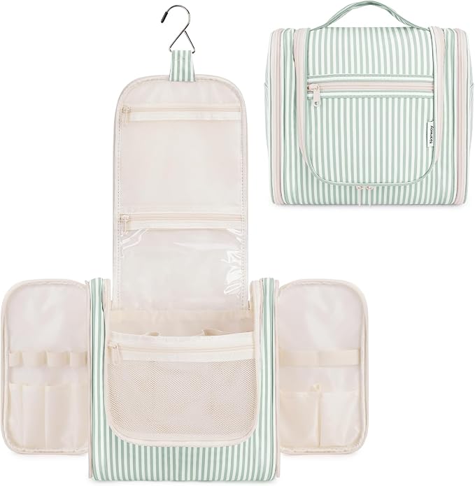 Narwey Striped Hanging Travel Toiletry Bag for Women, Travel Bag for Toiletries, Makeup Bag Organizer Cosmetic Bags Make Up Bags for Women (Mint Green Stripe) by Narwey