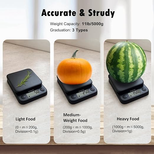 Food Scale Small Digital Kitchen Scales Weight Grams Ounces Black | Max 11lbs 0.5g Increment, Compact Design, Smart Tare, Weight Loss Cooking Baking Coffee, Easy to Use for Travel, AAA Battery - Image 3