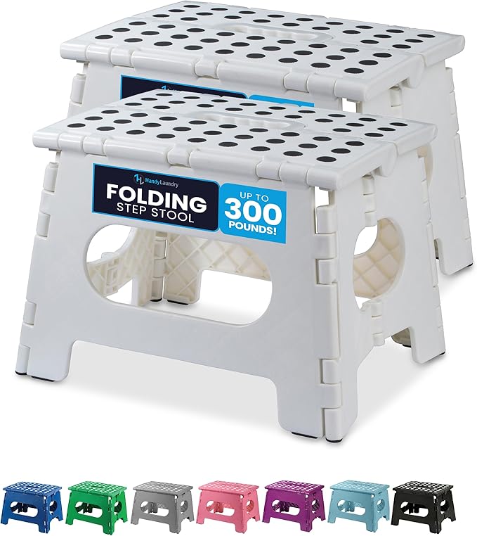 Handy Laundry Folding Step Stool 9 Inch 2-Pack, White, Holds 300 lbs | 2-Pack, 9 Inch, White, Foldable Collapsible Step Stool, Non-Slip, Holds 300 lbs, Kitchen Bathroom Bedroom, Adults by Handy+Laundry