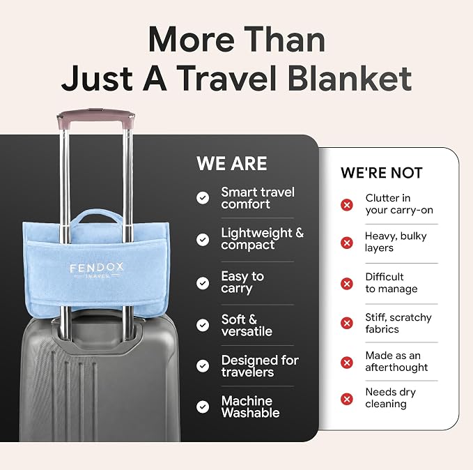 2-in-1 Travel Blanket and Pillow – Lightweight, Compact, Ultra Soft, Machine Washable – Handle, Luggage Sleeve, Backpack Clip – for Travel Airplane, Car, Office (Light blue) - Image 6