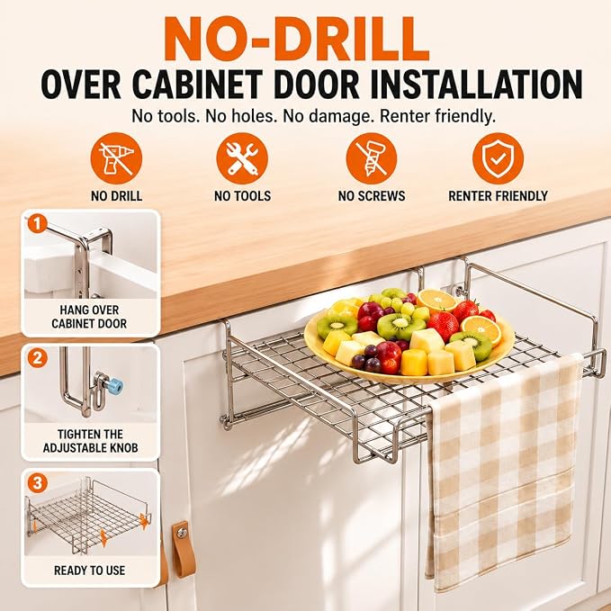 Kitchen Counter Extender, 1-Sec Foldable Over Cabinet Door & Drawer Organizer Shelf, No Drill Hanging Storage Rack Space Saver with Towel Bar for RV & Renters (Stainless Steel Silver) - Image 4