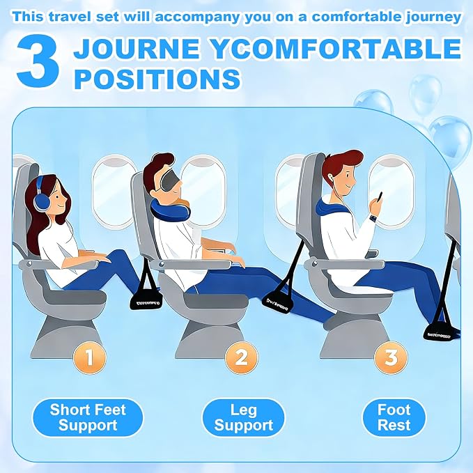 BreezeHug 4 Pcs Travel Comfort Kit with Memory Foam Travel Pillow Airplane Footrest Hammock 3D Contoured Eye Mask Compression Socks Neck Pillow for Car Flight Sleeping Support (Black) - Image 5