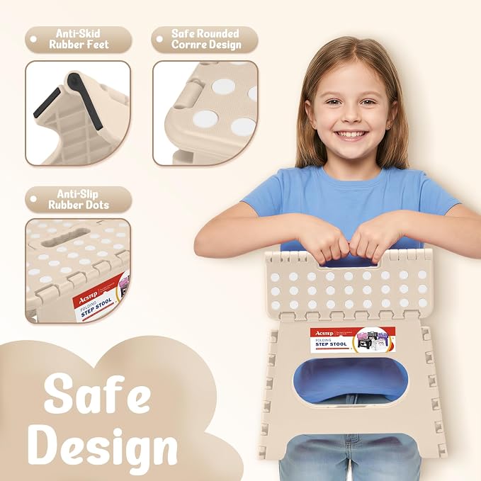 11 Inch Folding Step Stool for Kids, Non-Slip Foldable Stools, Khaki | Heavy Duty Collapsible Foot Stool, Lightweight with Built-in Handle, Holds 300 lb for Adults Kitchen Bathroom Bedroom Outdoor - Image 5