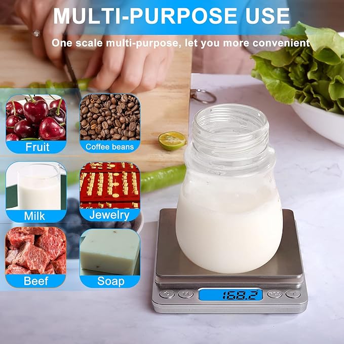 Small Digital Food Scale Ounce/OZ and Gram Scale, Kitchen Scale 3000g/0.1g High Precision for Baking, Soap Making, Jewelry, Includes 2 Trays and Batteries, 9 Units, Tare Function, Easy to Store - Image 6