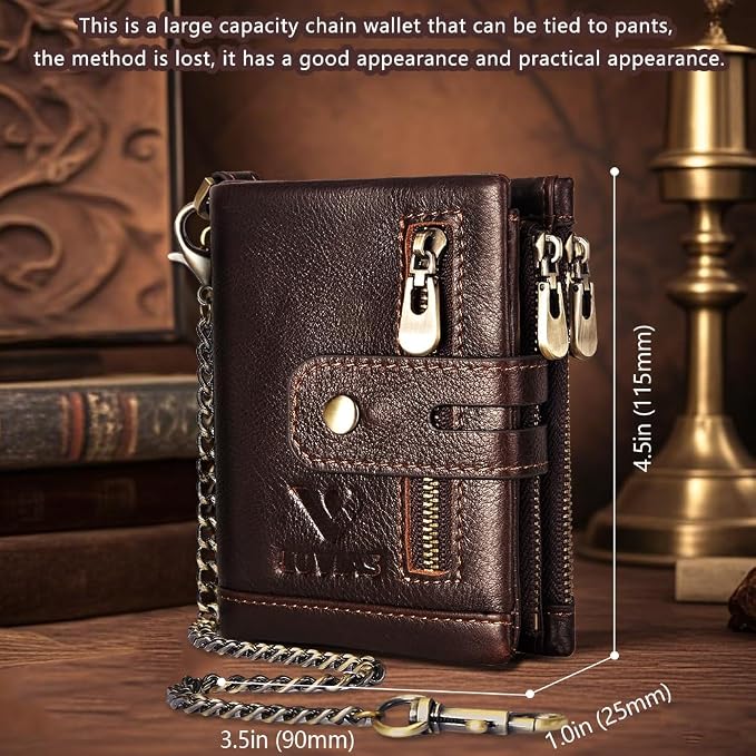 Anti-Theft Mens Wallet with Chain Genuine Leather ID Window Purse with RFID Blocking Bifold Double Zipper Coin Pocket with Gift Box - Image 6