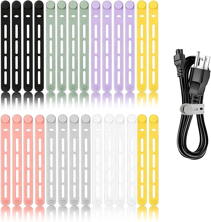 28Pcs Silicone Cable Ties Reusable, Multipurpose Cable Management Organizer, Adjustable Fastening Cable Straps with Locking Buckles, High Elasticity Cord Organizer, Travel Essentials (5.2in, 7Colors) by Unknown
