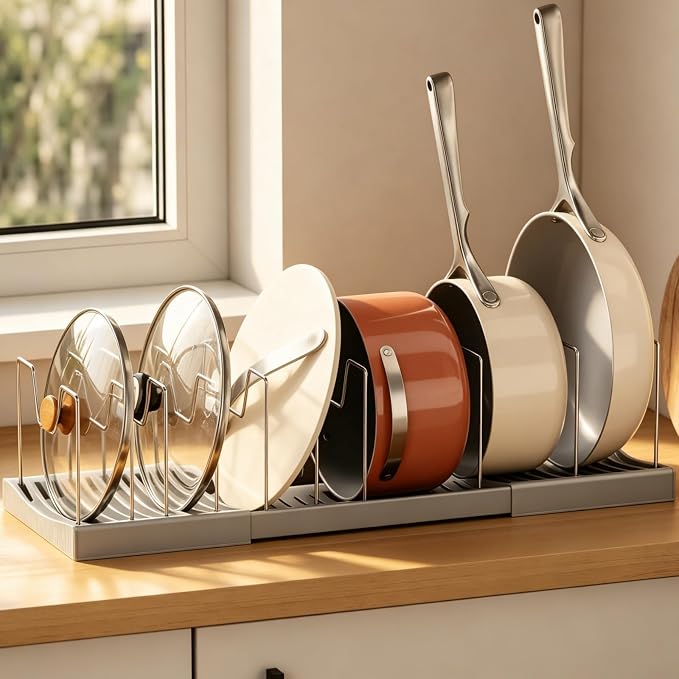 Magheo Pots and Pans Organizer Under Cabinet, Expandable 12.6"-22.8" Kitchen Cabinet Organizer Holder with 10 Adjustable Dividers for Food Storage Container Lid, Cookie Sheet, Cookware(1 Pack, Gray) by MAGHEO