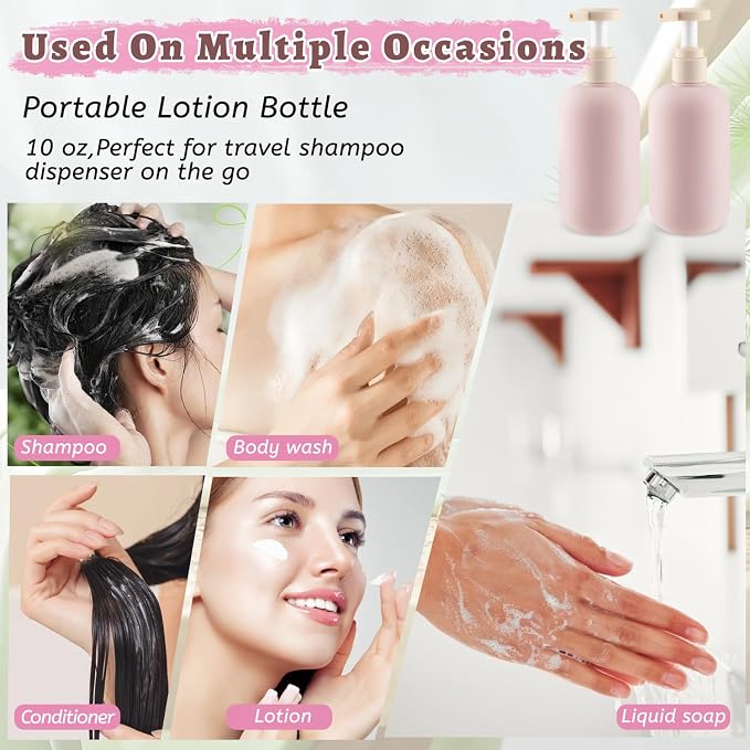 6 Pcs 10 oz Soft Plastic Bottles with Press Pump,Empty Refillable Travel Shampoo Dispenser Container for Hand Soap,Shampoo,Lotion,Body Wash,Conditioner,Silicone Funnel Included (Pink) - Image 6