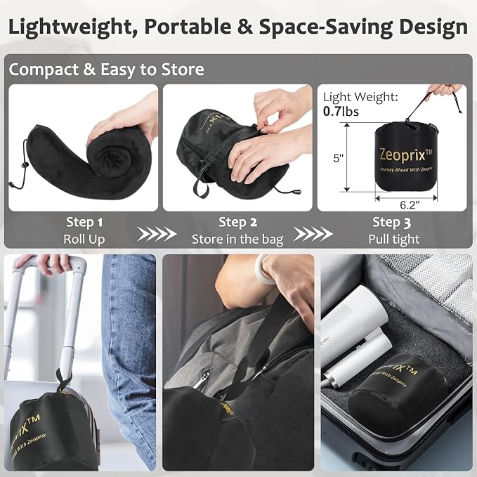 Memory Foam Travel Neck Pillow for Airplane, Neck Support, Black | Airplane neck pillow for long flights, breathable & washable cover, eye mask, earplugs, ergonomic support, compact travel bag - Image 5