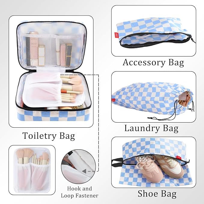 U+U 10 Set Compression Packing Cubes, Travel Organizers (Blue Checkered) | Space-Saving & Complete Travel Set - Image 4