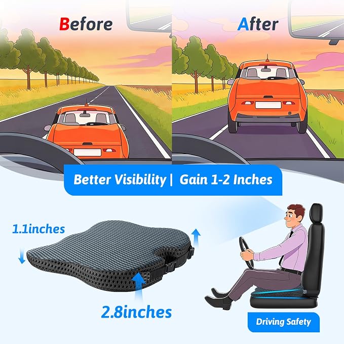 Wedge Car Seat Cushion for Better Visibility & Sciatica Pain Relief | High Density Memory Foam, Non-Slip Ergonomic Car Seat Cushion for Driving, Universal Fit for Car, SUV,Truck & Tractor - Image 3