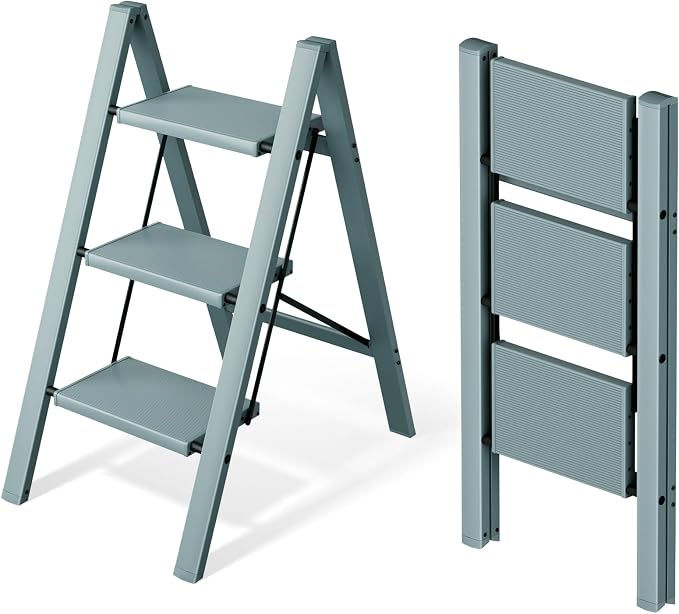 Mayi Plus 3 Step Stool Foldable, Aluminum, Lightweight Step Ladder | Extra-wide anti-slip folding steps with 330 lbs, for home,kitchen,office,outdoor,office,Blue by MAYIPLUS