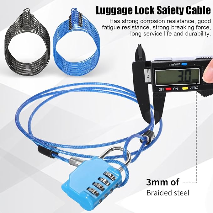 12 Pack Security Cable Luggage Lock with Loops 7 ft 3mm Braided Steel Coated Bike Cable Wire Double Loop Anti Theft Safety for U Lock, Padlock and Disc(Black,Blue) - Image 4