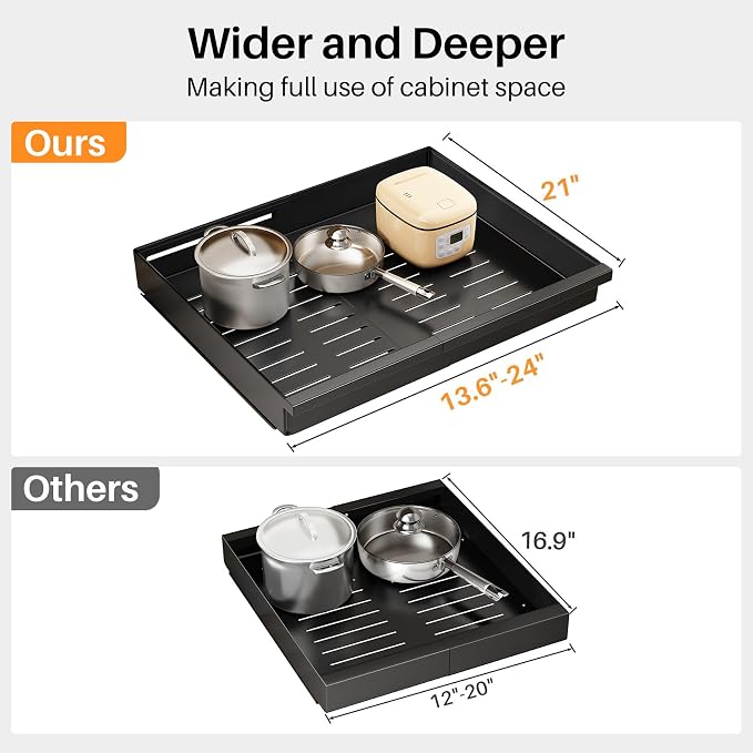 Pull out Cabinet Organizer, 1-Pack Expandable(13.6"-24") Silde out Drawers with Raising Pad for Framed Cabinets, Adjustable Full-Extension Adhesive Roll out Shelves for Kitchen Pantry Home Pot and Pan - Image 2
