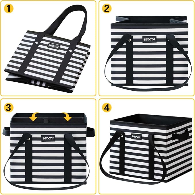 Reusable Grocery Bags 3 Pack - Heavy Duty Reusable Shopping Bags with Hard Bottom & Long Handles, Foldable Utility Tote Bag with Box Shape to Stand Up, 13x10.23x11in, Stripe Black - Image 8
