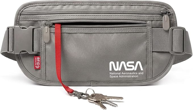 NASA Money Belt with RFID-Secured Passport Protection (Lunar Grey) | Concealed Carry | Genuine NASA Insignia | RFID Blocking | YKK Zippers | Breathable Mesh | Key Carabiner by Unknown
