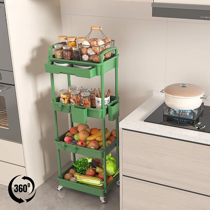 4 Tier Rolling Utility Cart with Drawer, Plastic Storage Organizer Rolling Carts with Wheels Handles Hanging Cups Hooks for Office, Bathroom, Kitchen,Craft Art Room (Green) - Image 4