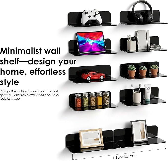 OAPRIRE Acrylic Floating Wall Shelves Black, No Drill, 9 Inch 2 Pack | Strong Tape Adhesive Wall Shelf, Easy Installation, Hole Design with Cable Clips, Small Spaces Bedroom Bathroom Living Room - Image 7
