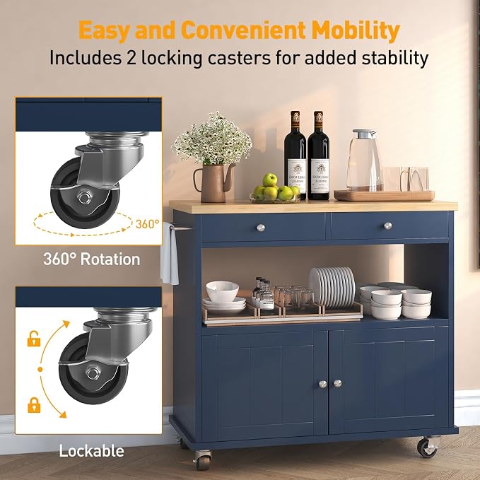 knoworld Rolling Kitchen Island with Storage Cabinet, 35.4'' Width Kitchen Cart, 2 Drawers Island Table, Portable Mobile Kitchen Island with Towel Rack, Wood Top and Lockable Wheels, Blue - Image 6
