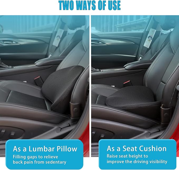 2 in 1 Car Seat Cushion Lumbar Pillow - Comfort Memory Foam Seat Cushion for Driving, Office - Sciatica-Back Pain Relief, Car Cushion for Car, Truck, Office, Wheelchair (Black) - Image 2