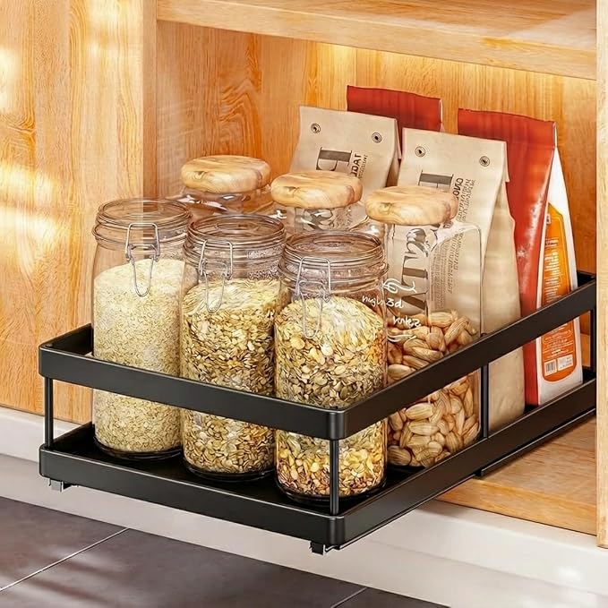 AOVA Pull Out Under Sink Organizer, Single-Tier Metal Sliding Shelf | Carbon steel basket, smooth slide-out rails, no-drill adhesive setup, for kitchen, pantry and bathroom cabinets by Unknown