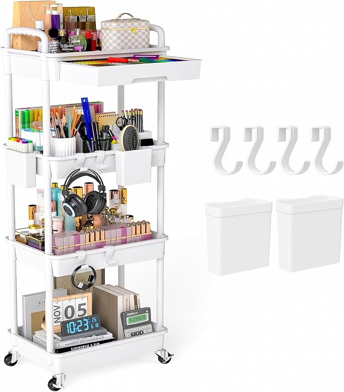 4 Tier Rolling Utility Cart with Drawer, Plastic Storage Organizer Rolling Carts with Wheels Handles Hanging Cups Hooks for Office, Bathroom, Kitchen,Craft Art Room (White) by LLMRR