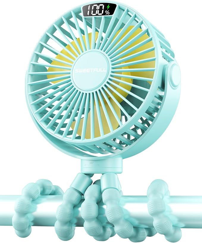 SWEETFULL Portable Stroller Fan with Display 4000mAh Battery Powered Mini Clip On Fan, 4-Speed Rechargeable Small Personal Cooling for Baby Car Seat Crib Travel - Cyan by SWEETFULL