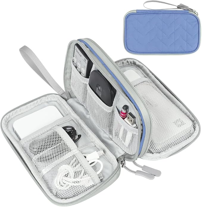 FYY Electronic Organizer, Travel Tech Pouch, Cable Organizer Blue Quilted | Wrist Strap, Waterproof, Double Layers Portable Electronics Travel Carrying Case for Cord, Charger, Daily Business Trips Use by FYY
