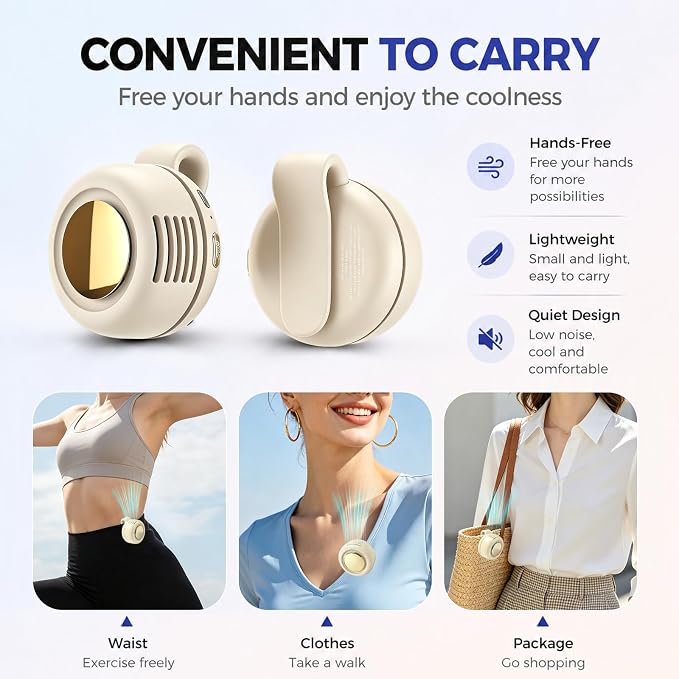 Portable Clip-on Fan Silent Bladeless Mini Fan | 360°Rotation 3-speed Modes Whirlwind Waist Clips Fans Hands-Free Cooling Fan Outdoor Trip Work Travel White - Image 5