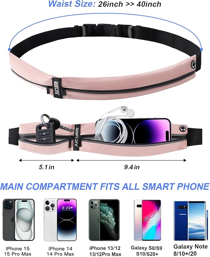 Slim Running Belt for Women and Men, Waterproof Phone Holder for Running, Reflective 2-Pocket Waist Pack for Storing Runner’s Essentials Safely, Runner’s Fanny Pack, Money Belt Fits Most Phones (Pink) - Image 2