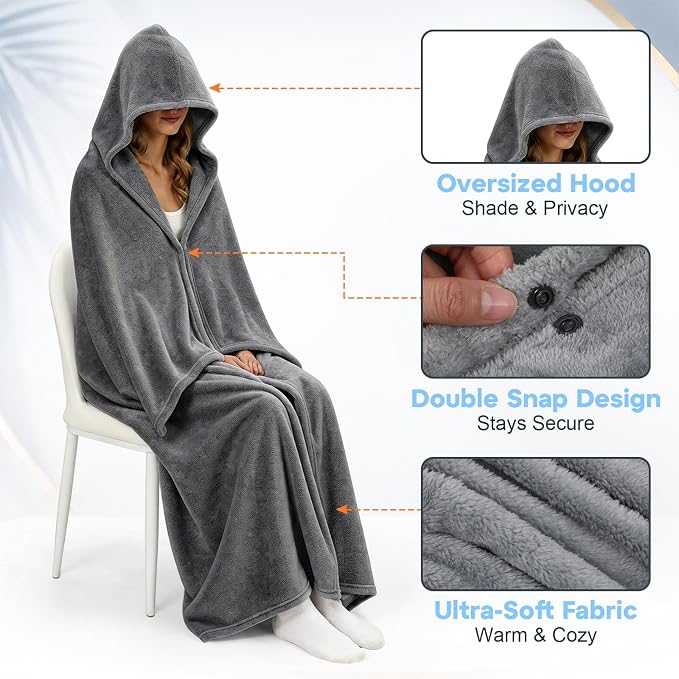 Hooded Wearable Fleece Travel Blanket Airplane with Snap Closure, Foldable Travel Pillow, Compact Carry Carabiner Strap, Soft 60''x50'' Fleece Blanket for Plane Office Gift(Grey) - Image 4