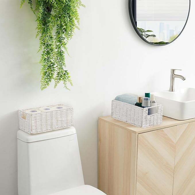 Wicker Storage Basket, Set of 2 Hand-Woven Paper Rope Wicker Basket, Small Storage Baskets for Organizing Toilet Paper Basket, Foldable Large Cube Storage Organizer Bins for Shelves (White) - Image 3