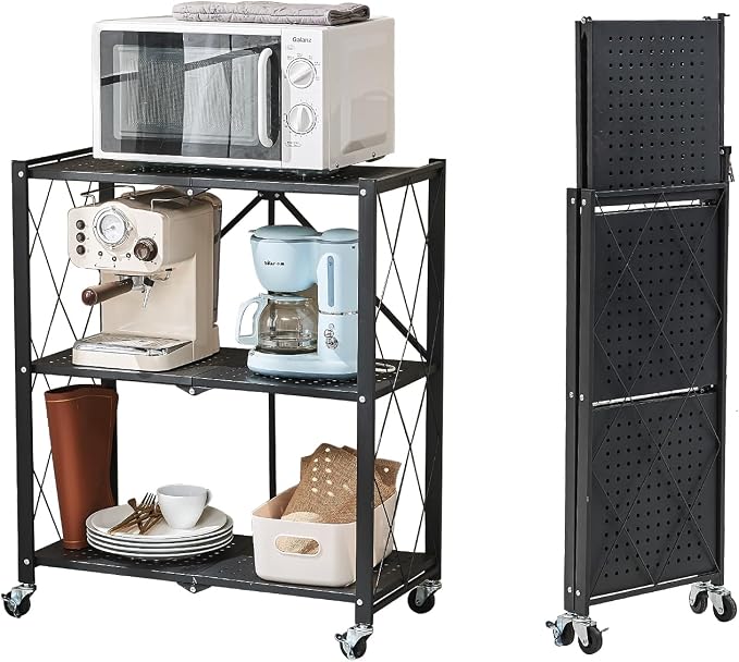 BRIAN & DANY 3-Tier Foldable Storage Shelves with Wheels, No Assembly Folding Shelf Metal Rack, Shelving Unit for Kitchen, Garage, Black by BRIANDANY