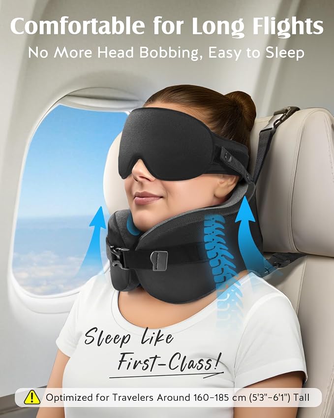 YFONG Travel Pillow with Head Support & Sleep Mask for Long Flights, Black | Patented 360° Support System, Prevents Bobbing, Airplane Head Strap, 3D Eye Mask, Memory Foam Neck Pillow, Travel Essential - Image 2